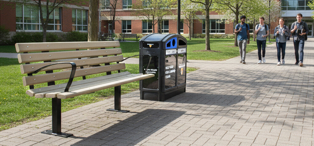 Commercial site furniture on university campus with outdoor bench and recycling bins along pedestrian walkway